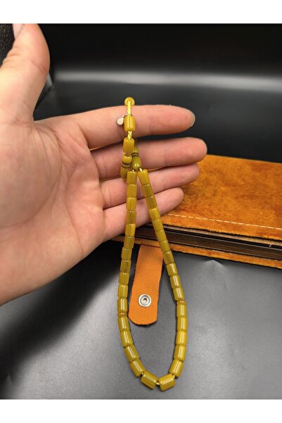 Onurlu Tesbihane Usta İmzalı Osmanlı Benzetme Sıkma Kehribar Tesbih (Muhammed Dabbas, Hardal Sarısı, 9x7 mm)