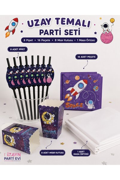 Dizayn Parti Evi Uzay Temalı Parti Seti – 8 Pipet, 16 Peçete, 8 Mısır Kutusu ...