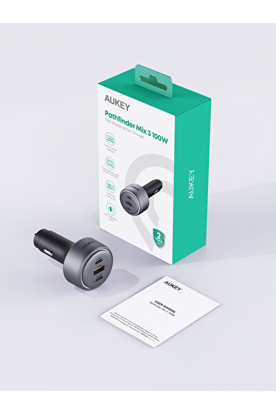 AUKEY شاحن سيارة سريع باثفايندر ميكس 3 بقوة 100 واط، لون رمادي