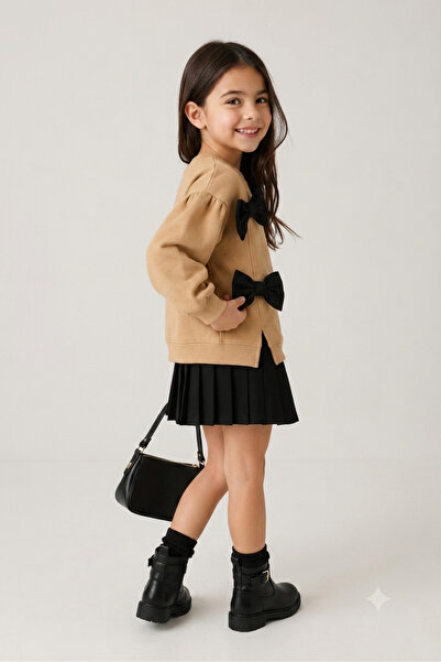 Meşe Moda Girl's Bow Detailed Crew Neck Oversize Sweatshirt - Casual Comfortable Cotton Sweatshirt