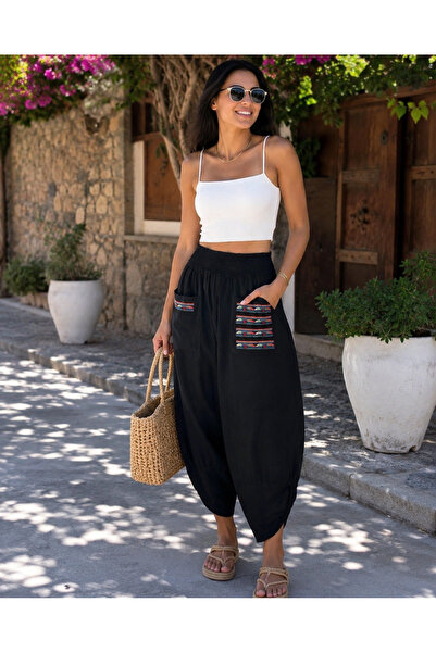 MENSAR OTANTİK Embroidered linen trousers with pockets, standard elastic wais...