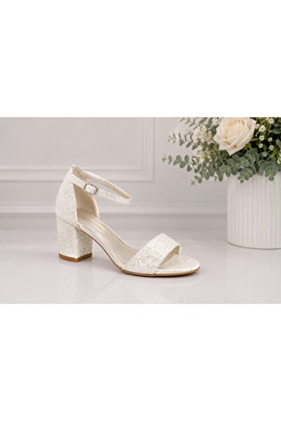 OEM Sandale modernda LaDonna cu toc mediu,gros,cu sclipici,nuanta de alb