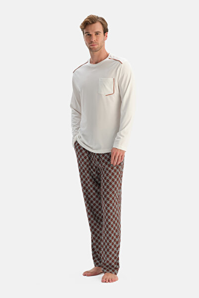 Dagi White Long Sleeve Collar Detailed T-Shirt Trousers Set
