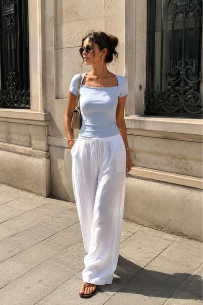 Moda Days Women's Baby Blue Ribbed Square Neck Short Sleeve Robe Tight Fit Ca...