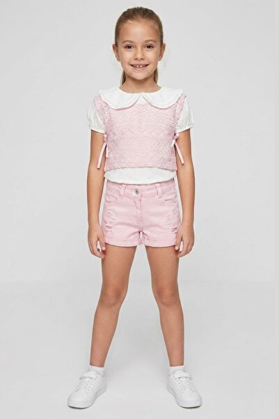 ww waka waka kids store Girl's Dusty Rose Lace Vest Blouse and Shorts Set
