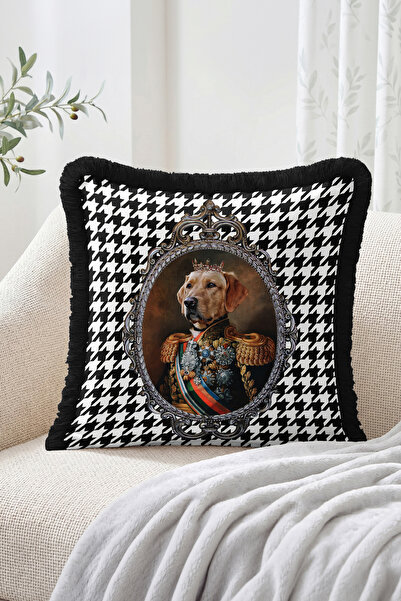 Realhomes Fringed Throw Pillow Cover with Soldier Uniform, Crowned Dog Portra...