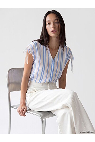LC Waikiki Lcw Everyday White V-Neck Striped Lace-Up Blouse