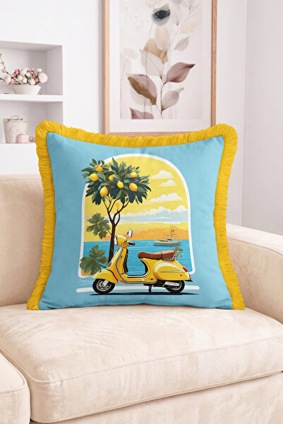 Realhomes Yellow Scooter and Lemon Tree Patterned Fringed Throw Pillow Cover ...