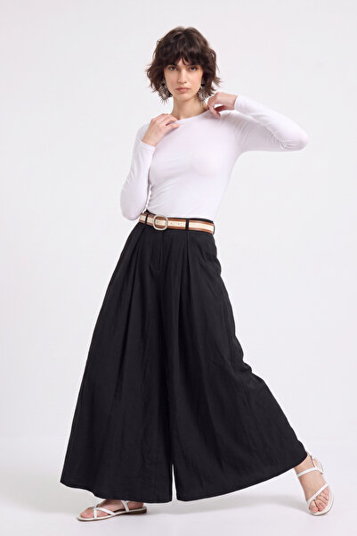 BARRELS AND OIL Women's Belted Loose-Fit Skirt Trousers - Black