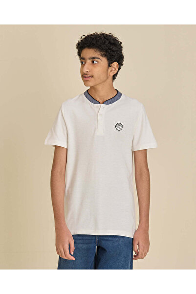 REDTAG Senior Boys Ivory Chambray Collar Polo