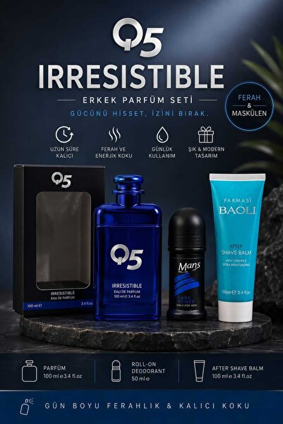 Q5 Irresistible Erkek Parfüm Seti EDP 100 ml + After Shave Balm 100 ml + Roll...