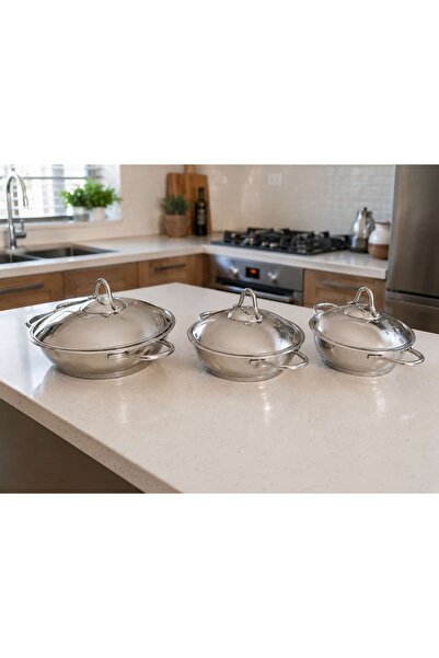 Akdeniz ÇELİK SAHAN 3'LÜ SET METAL KAPAKLI 304 ÇELİK LÜKS 14-16-18 CM