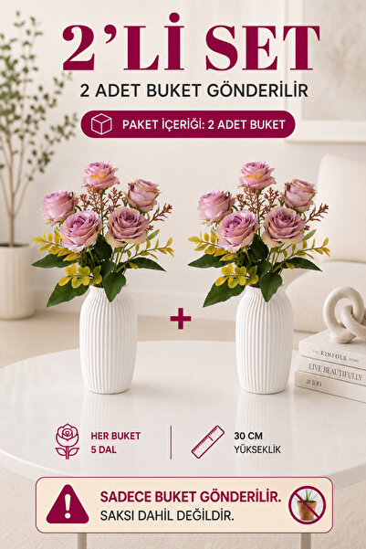 MD Aspiz Flowers 2 Demet Yapay Çiçek 5li Lüks lila Gül Demeti 32cm ( Saksısız...