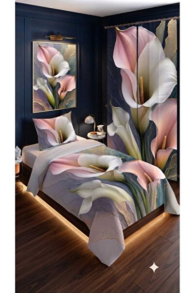 Elmas Dizayn 280*240 سم. طقم غرفة نوم فردي بتصميم خاص مع ستارة، قطن ساتان فاخ...