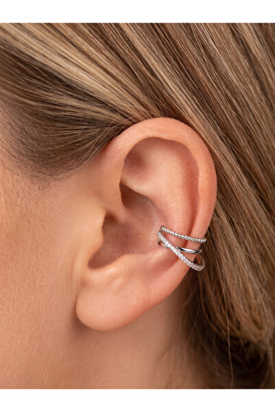 GKCBijoux Gümüş Renk Zirkon Taşlı 3'lü Sarmal Ear Cuff Kıkırdak Küpe