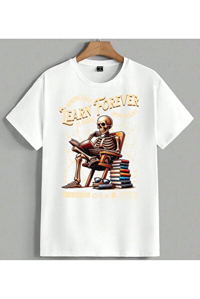 ELFERA Ogrenim Kafatasi Learn Forever Τυπωμένο Unisex Oversize Μπλουζάκι Λευκό