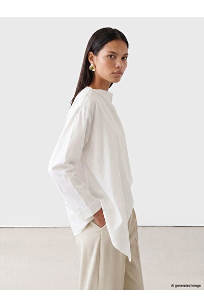 LC Waikiki Lcw Modest White Draped Collar Asymmetrical Cut Blouse