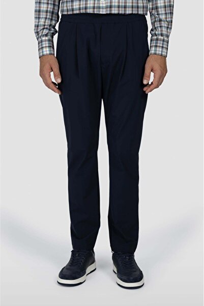 PAUL&SHARK Men's Regular Fit Elastic Waist Pleated Straight-Leg Navy Blue Tro...