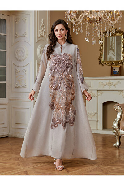 Classy She Luxury Beaded Sequined Long Jalabiya V-neck Loose Slimming Dress F...