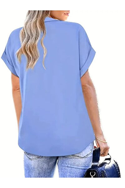 oniks store Women's Short Sleeve Collared Long Sandy Blouse