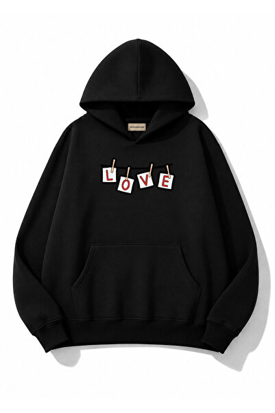 herkesemoda Love Printed Hooded 2 Thread Threaded Sweatshirt