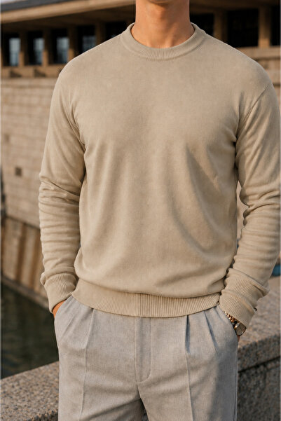 comstar Men's Winter Crew Neck Slim Fit Cream Basic Sweater