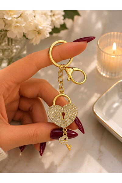 Viranes Keychain with Stone Heart Lock and Key Figure, Gold Bag Ornament and ...