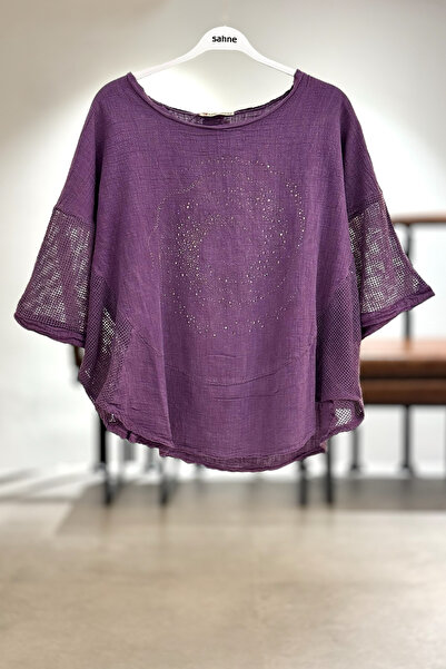 sahnemoda Yanları Oval Taşlı Oversize Keten Bluz