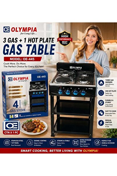 Olympia OE-445 3 Gas + 1 Hot Plate Gas Stove – Reliable, Powerful, and Perfec...