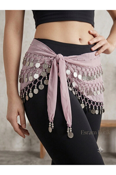 Esram Butik Açık Pembe Şakira Kemeri, Gümüş Detaylı Oryantal Dansöz Kemeri Pu...