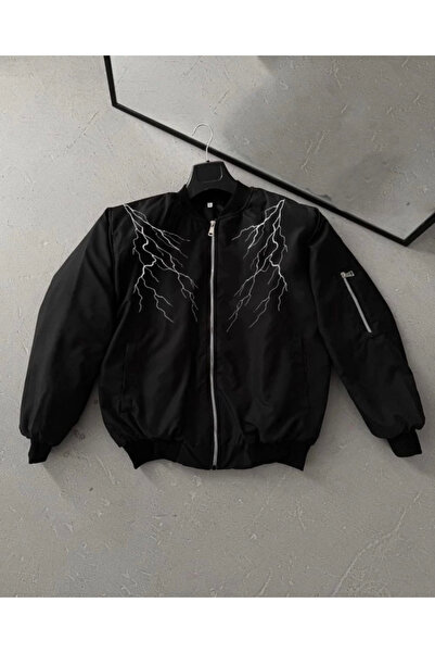 oniks store    Lightning Printed Long Sleeve Bomber Jacket - Black