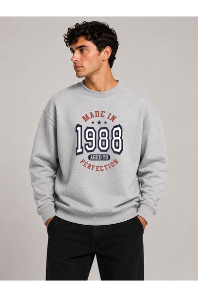 herkesemoda 1988 Print Detailed Crew Neck Ribbed 2 Thread Sweatshirt