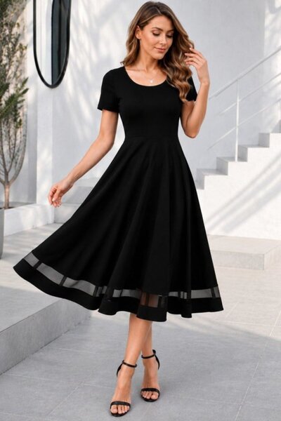 Simala Women's Short Sleeve Round Neck Tulle Detailed Midi Janjan Crepe Dress
