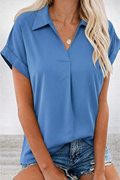 Gökyüzü Moda Women's Short Sleeve Collared Woven Viscose Blouse