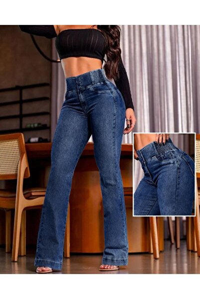pazarella Women's High-Waist Side-Elastic Button-Front Jeans