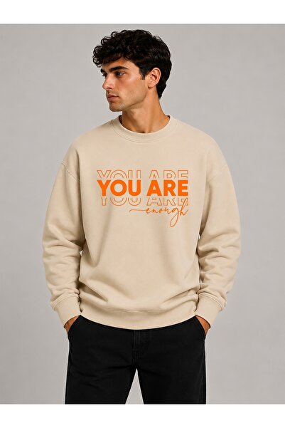 herkesemoda You Are Print Detailed Crew Neck 2 Thread Sweatshirt with Embroidery