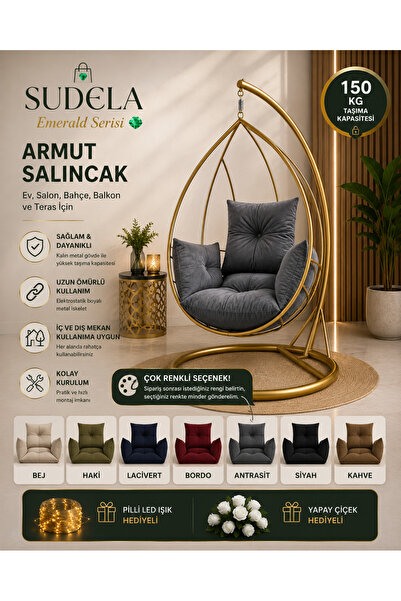 SUDELA Emerald Serisi Premium Armut Salıncak | Ev, Salon, Bahçe, Balkon ve Te...