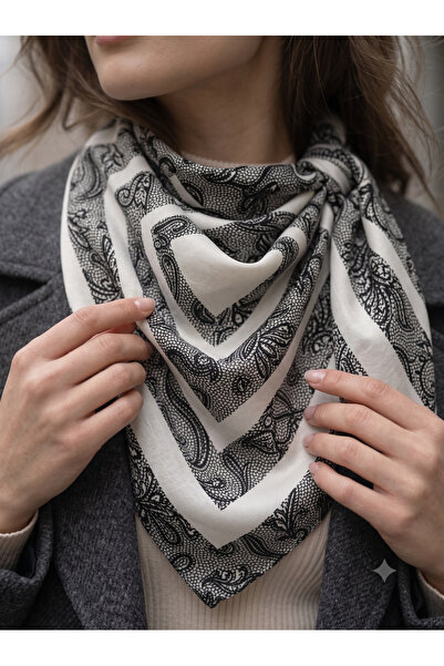 Luminos Butik Women's Ecru Frame Patterned Cotton 70X70 Scarf Flr6030