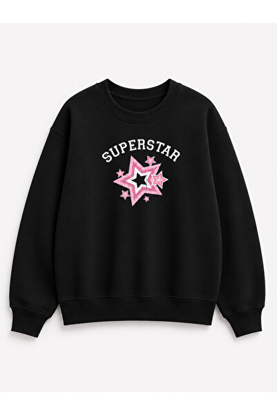 herkesemoda Hanorac cu guler rotund, cu imprimeu Superstar, din 2 fire, tip r...