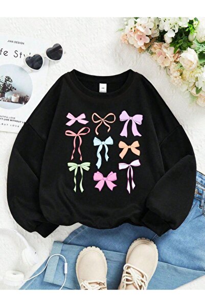 herkesemoda Colorful Ribbons Printed Black 2 Thread Ribbed Crew Neck Sweatshirt
