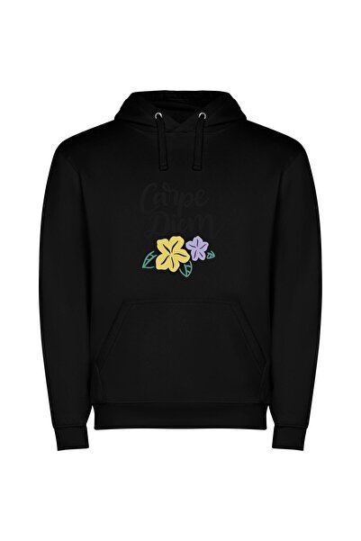 iLovePrints Elegant Carpe Diem Blossom Φούτερ με κουκούλα σε χρώμα Μαύρο