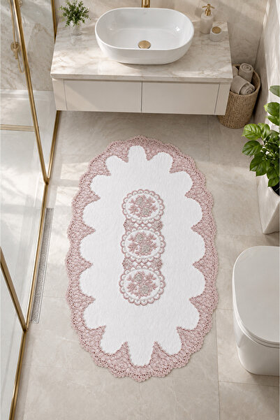 Bonny Home Powder Lace Non-Slip Leather Based Oval Bath Mat Liana Washable Ba...