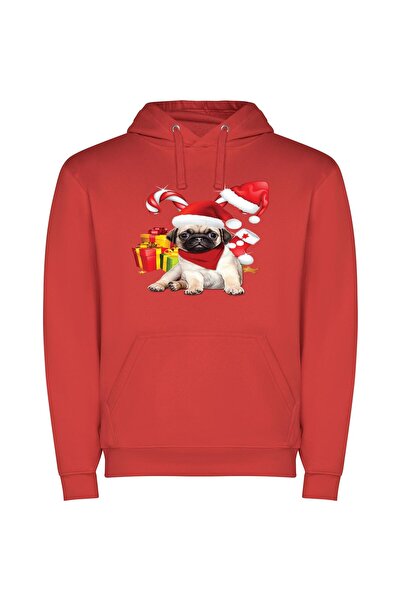 iLovePrints Festive Pug Fashion Φούτερ με κουκούλα σε χρώμα Κόκκινο