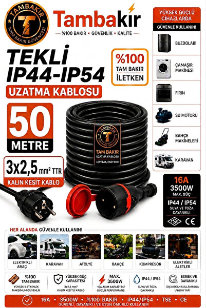 Tambakır 5-50 Metre 3x2,5mm TTR Tekli Kauçuk Topraklı Uzatma Kablosu %100 Tam...