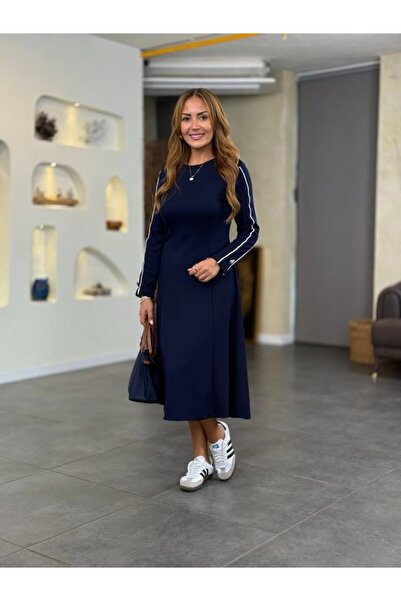 oniks store Women's Long Sleeve Crew Neck Midi Modal Dress