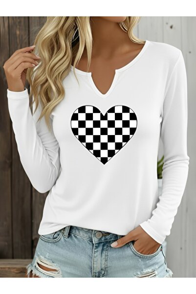 mercoledi Heart Printed Cotton Half V-Neck Long Sleeve Blouse