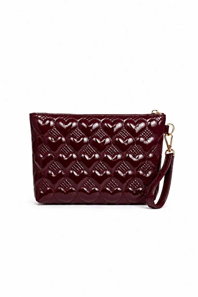 Bagfoni Burgundy Patent Leather Heart Patterned Makeup Clutch Handbag Makeup ...