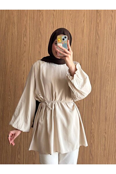 QUWİQ Women's Crew Neck Balloon Sleeve Waist Tie Hijab Tunic