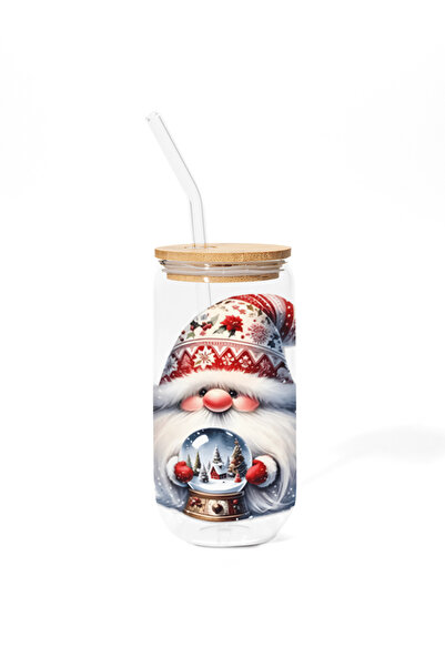 Pahar Cana din sticla cu capac din bambus - Dwarf de Crăciun VIII