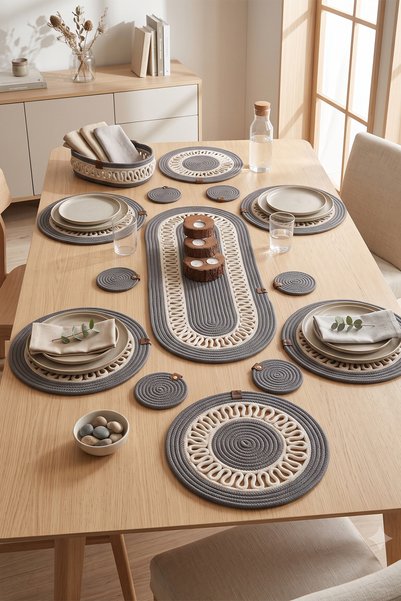 Villadia Home Textile 14 Piece Jute Knitted 6-Person Supla Runner Table Set with Coasters and Basket
